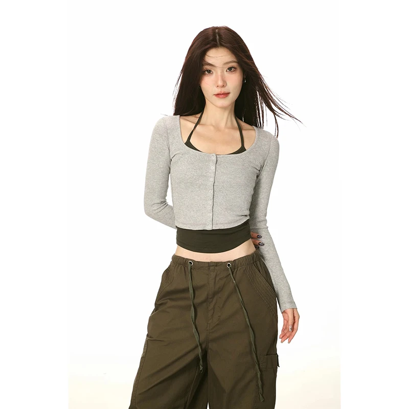 

Fake Two-piece Cardigan Coat For Women Long Sleeve Hanging Neck Top Fashion Patchwork Sweater Jacket 2023 Autumn New Knit Coats
