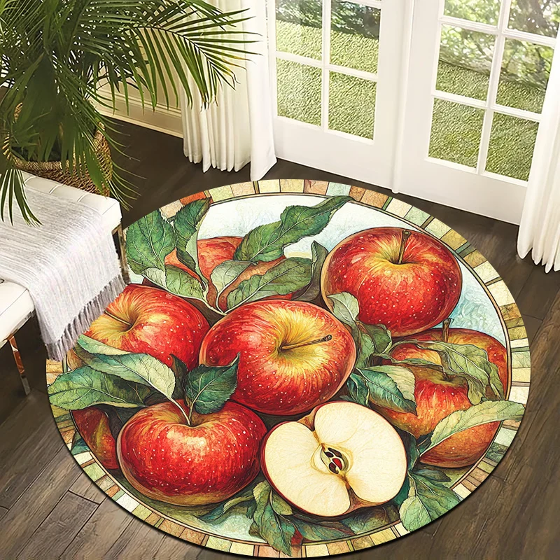 Painted Red Apple Theme Flannel-printed round floor mats are slip-resistant Suitable living room bedroom terrace garden carpets