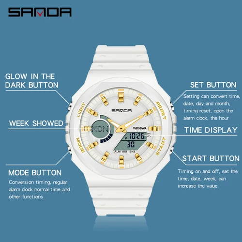 Imagen 2 del producto SANDA-reloj deportivo militar para hombre, cronógrafo de cuarzo, resistente al agua, con pantalla Dual LED, Digital