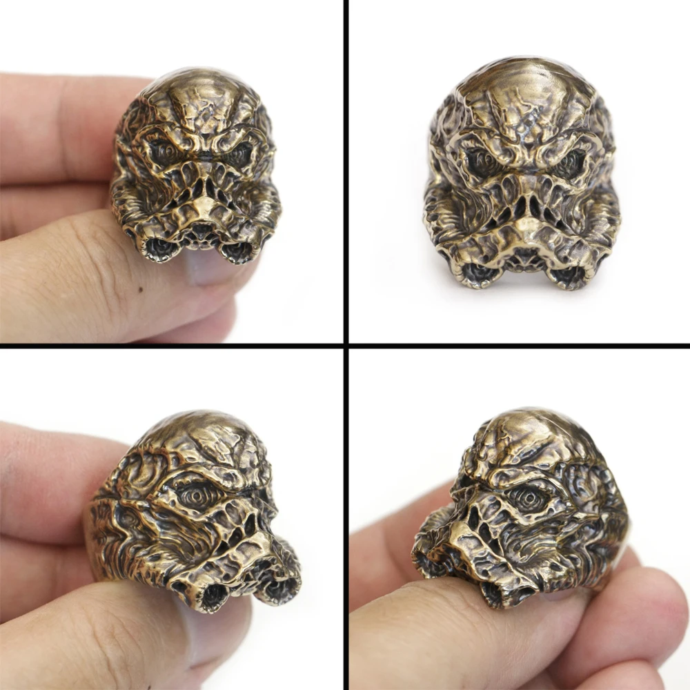 LINSION Brass Skull White Warrior Ring Mens Biker Punk Jewelry BR314 US Size 7~15