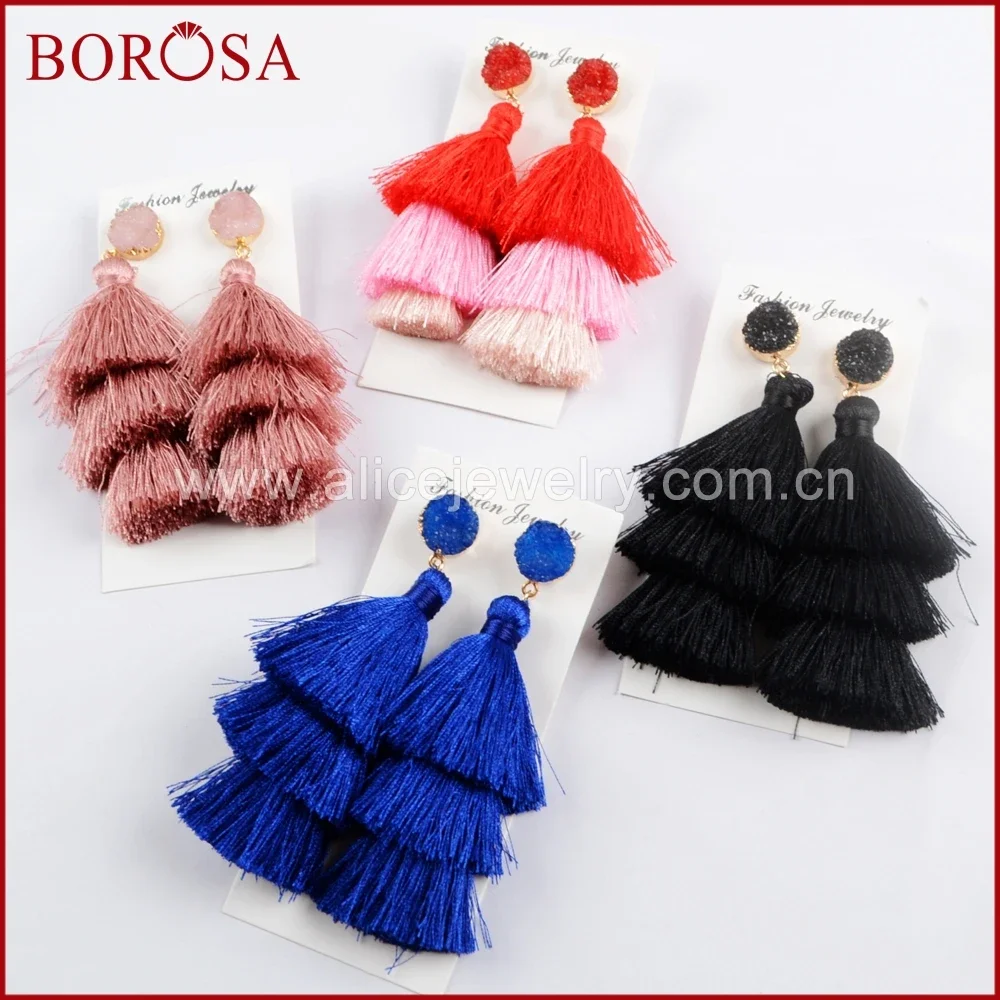 

BOROSA 2Pairs Round Druzy Tassel Earrings Female Long Drop Dangle Earring for Women Blue Black Bohemian Wedding Jewelry Gifts