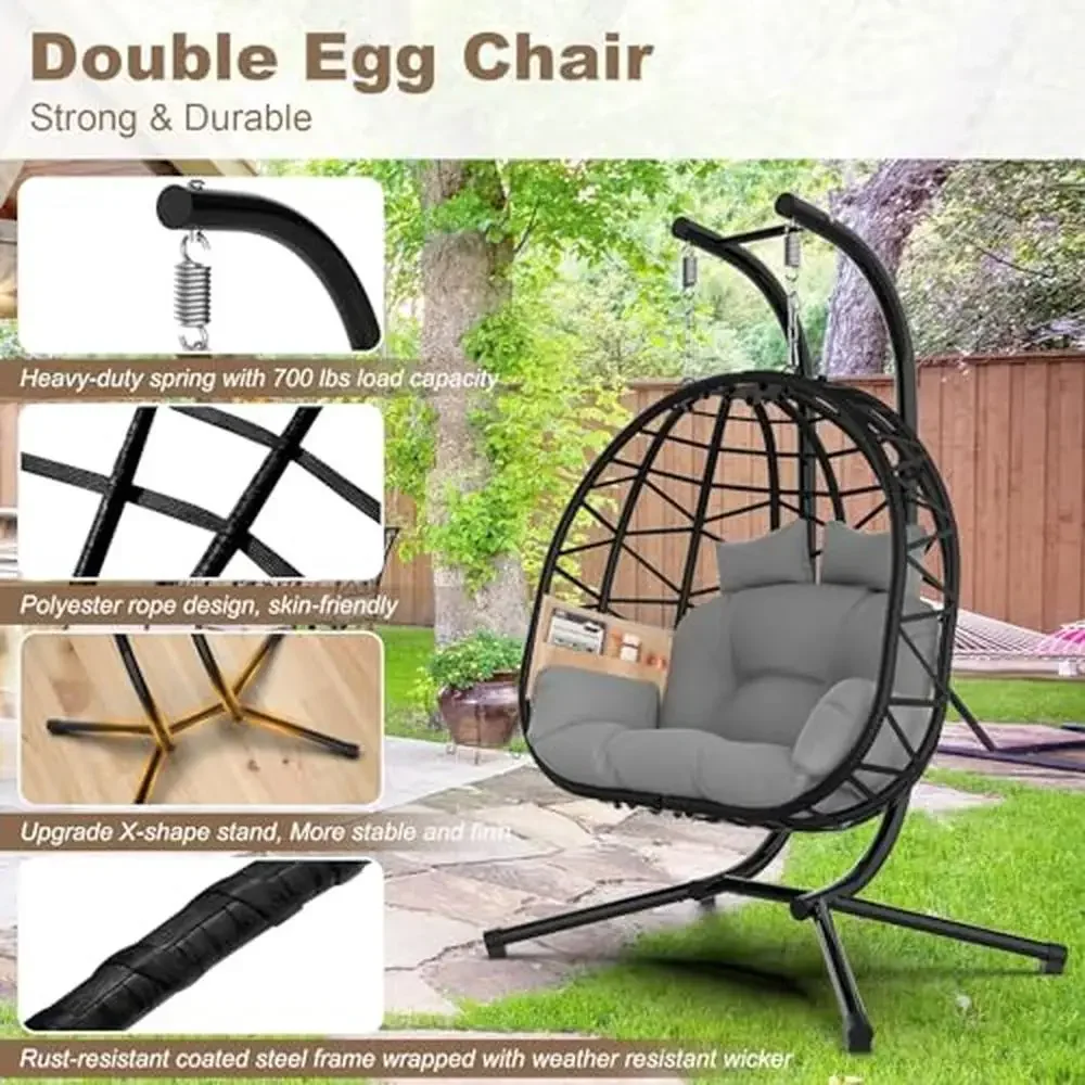 Large 2 Person Egg Swing Chair with Stand Rattan Wicker Swing with UV Resistant Cushion and Pillow Indoor Outdoor Hanging Egg