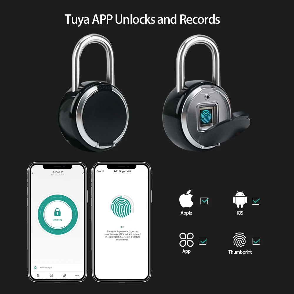 Bluetooth Fingerprint Padlock with Protective Case, Keyless Smart Fingerprint Lock with Tuya APP for Gym Locker, IP65 Outdoor Wa