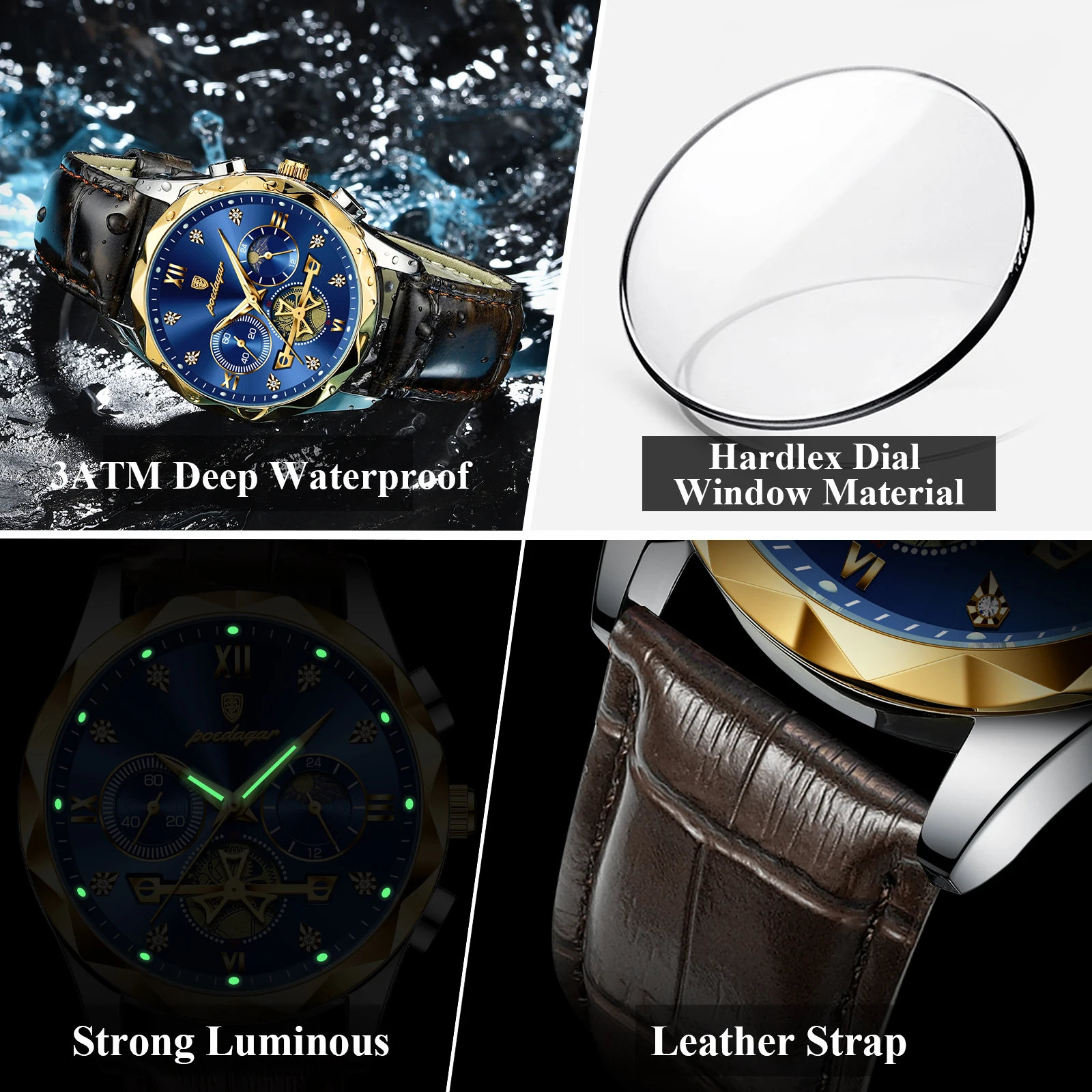 POEDAGAR Luxury Watches For Men Leather Chronograph Man Watch Waterproof Luminous Military Fashion Men's Quartz Wristwatch Reloj image 3