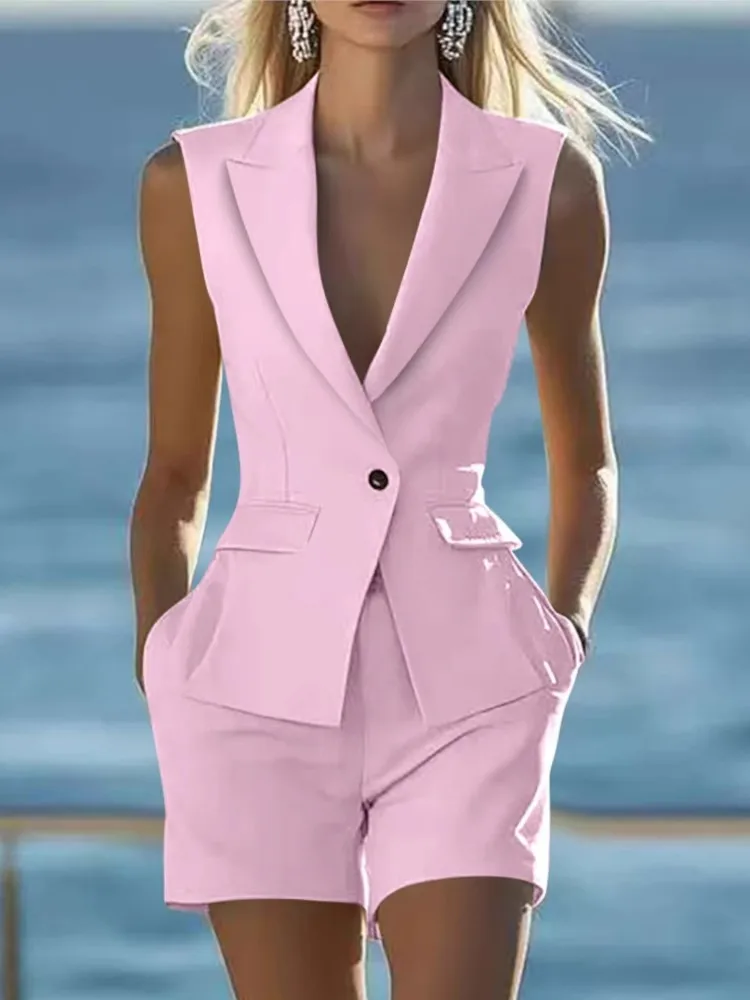 

Elegant Women Solid Sleeveless Suit Vest Two Piece Sets Summer Casual Lapel Button Top And Shorts Party Lady Slim Suit Outfits