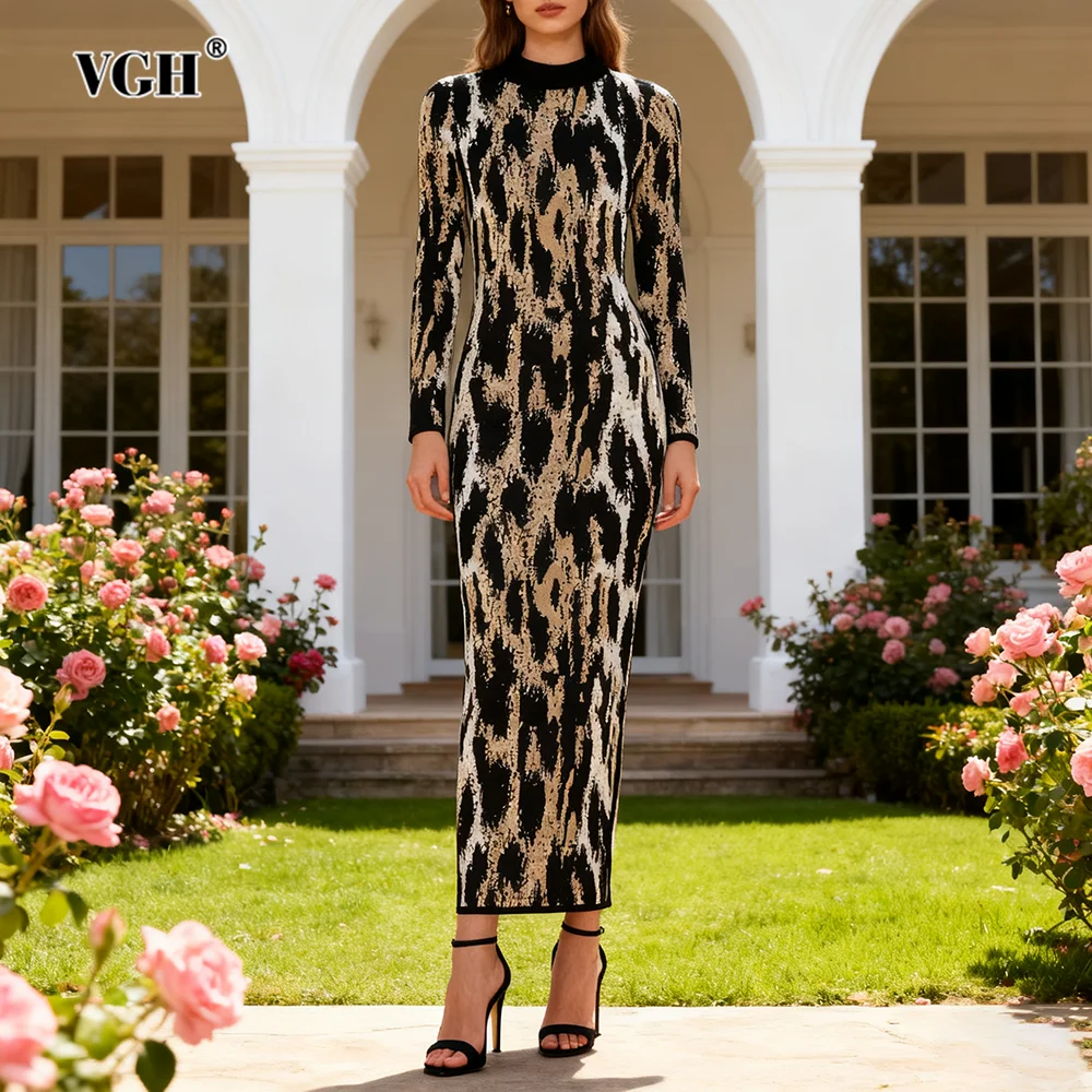 

VGH Design Sense Leopard Print Slimming Dresses For Women Round Neck Long Sleeve High Waist Temperament Dress Female Fashion New