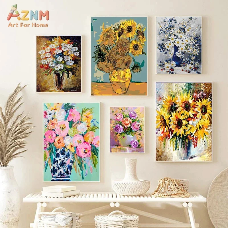 AZNM Thick Textured Floral Canvas Wall Art Colorful Rose Flower Vase Oil Painting Bright Living Room Unframed Canvas Decor Poste