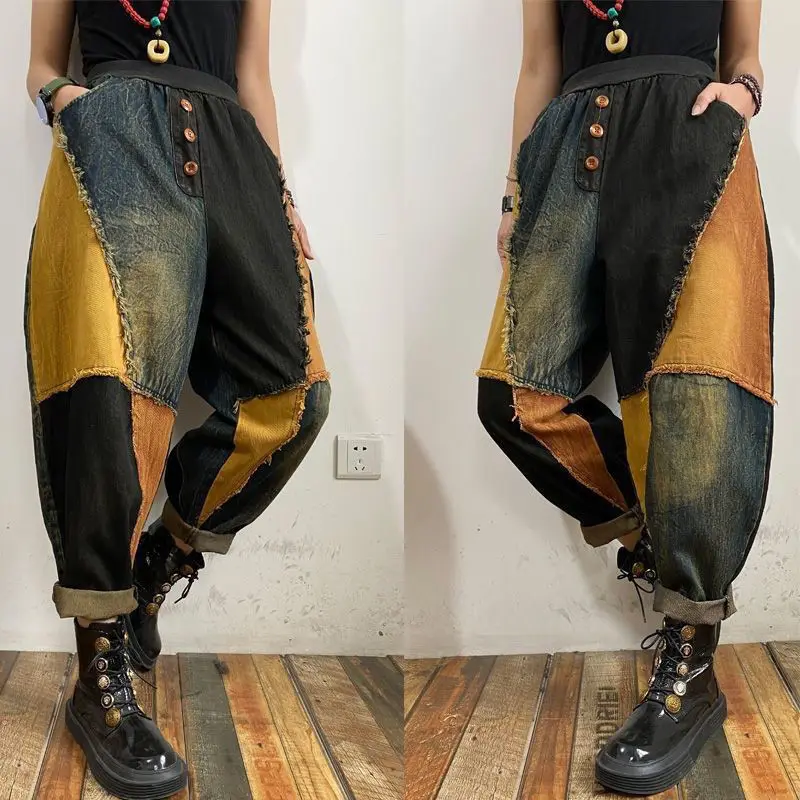 2025 nova moda velho remendo tecido cor bloqueado pendurado virilha casual cintura alta calças compridas mulheres outono denim legal jeans wh8