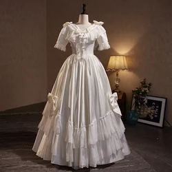 Evening Dress New White V-Neck Short Sleeves Satin Lace Up Floor Length Ball Gown Appliques Plus Size Women party Dresses B2580