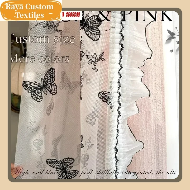 

White Tulle European Vintage Black Butterfly Trim Curtains For Living Room Bedroom Dining Custom Decor Size Tulle