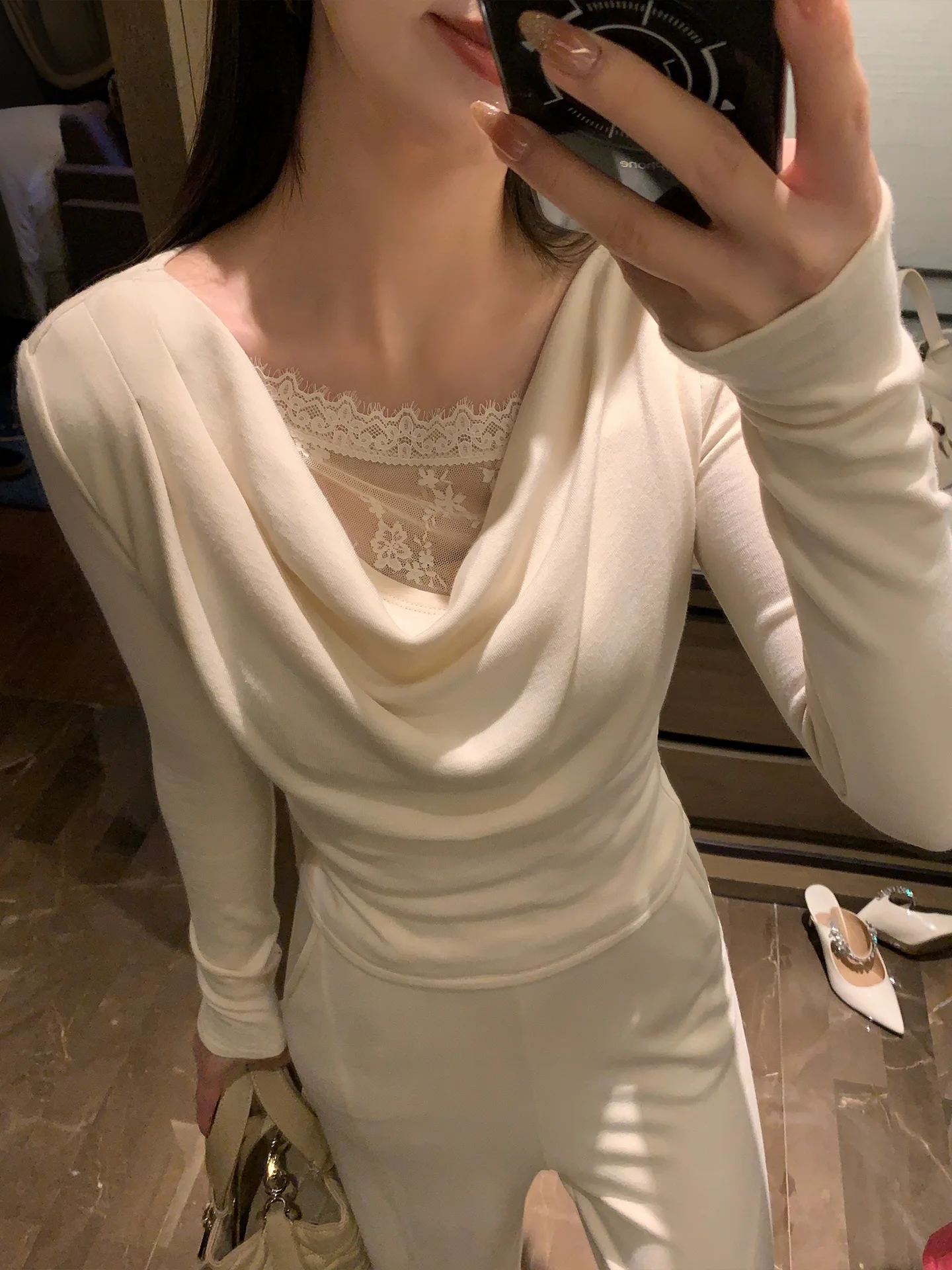 

Lace Dr Single Piece Lazy Knitted Top Women's Spring Faion Design Neline Lace Trim Cotton Blend Long Sve Sweater