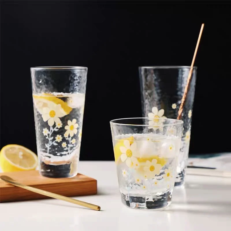 295~450ml Japan Little Daisy INS Glass Cup Flower Tulip Wine Glass Juice Cup Printing Rose Cosmos Flower Oriole Tumbler Drinking