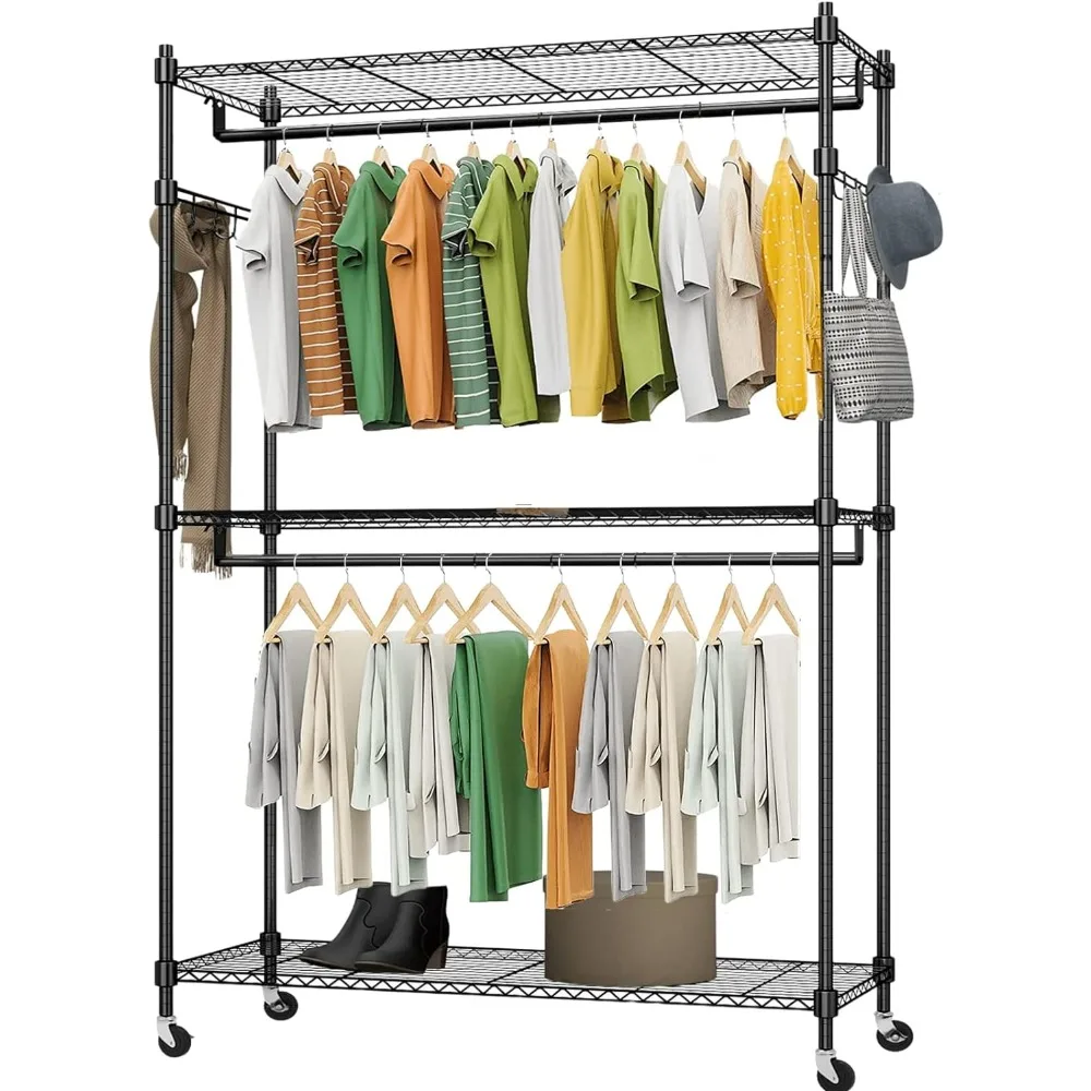 Portable Wardrobe for Clothes Closet for Room Closet Racks With Double Hanger Rods & 4 Side Hooks Tier Garment Rack With Wheels