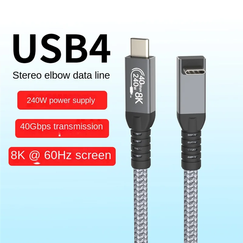 Cable USB 4 90 °   Codo estereoscópico 40Gbps USB4 tipo cable de datos C carga rápida PD 240W, transferencia de vídeo 8K