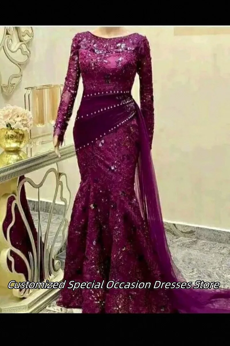 Temperament Dark Purple Long Sleeves Evening Dress With Luxuy Beaded Applique African Wedding Party Gown Prom Dresses Customized