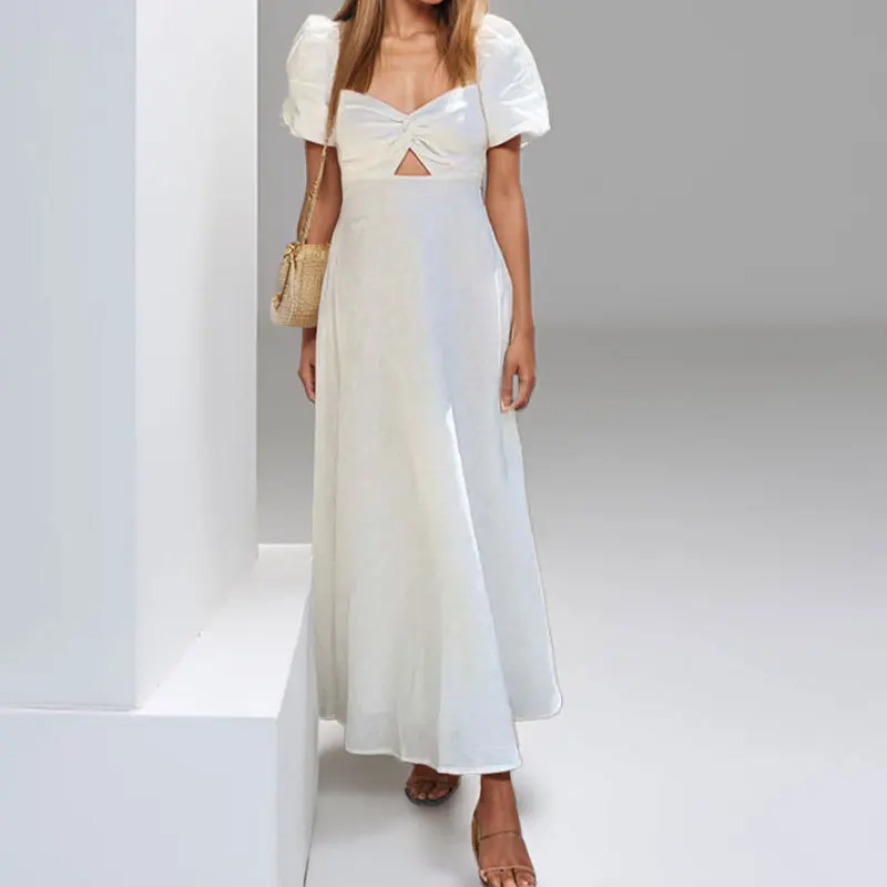 

2025 Spring Summer Women's Elegant Casual Commuter White Long Skirt V-neck Pleated Simple Solid Color Short-sleeve Hollow Dress