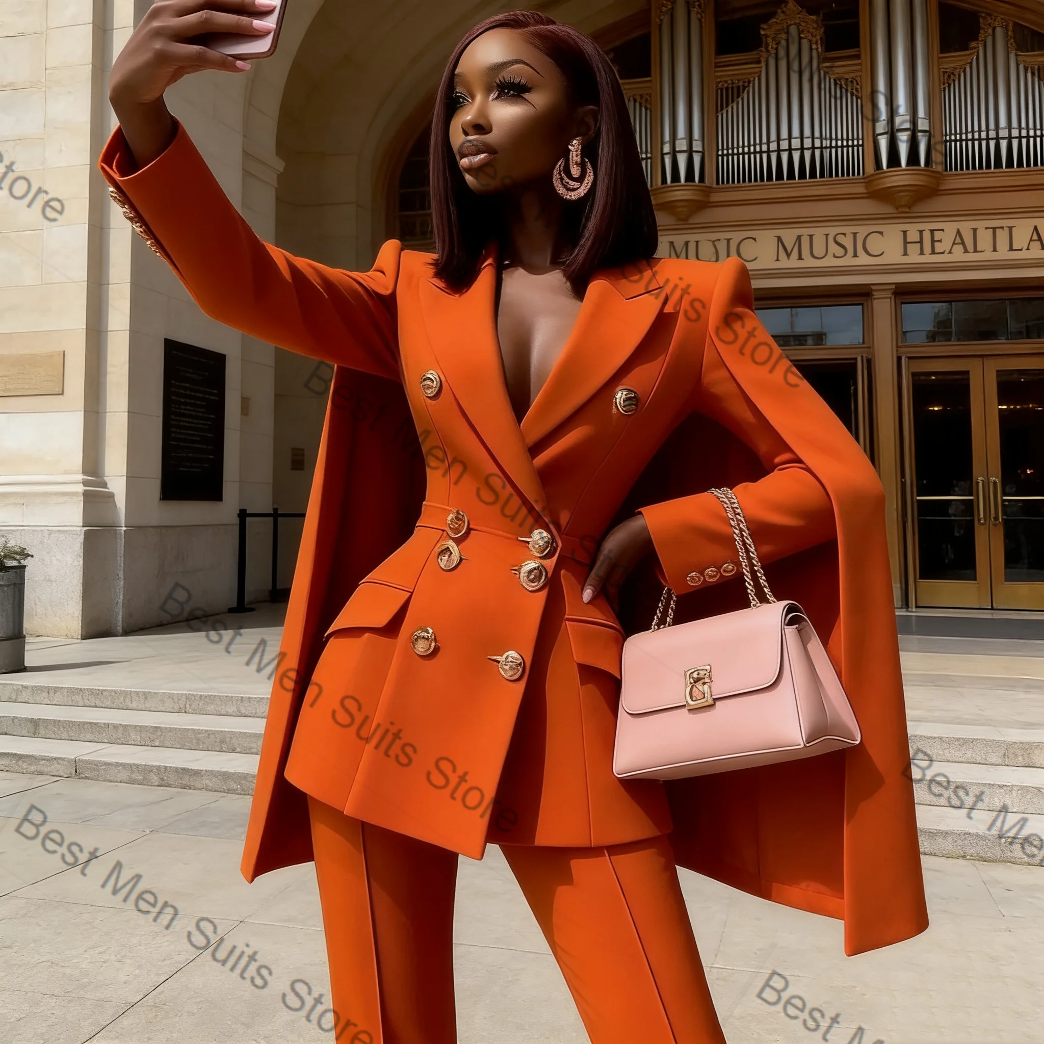 

Cape Wrap Women Suit Set 2 Pcs Blazer Pants Trousers Spring Cotton Formal Office Jacket Customized Wedding Tuxedo Guest Coat