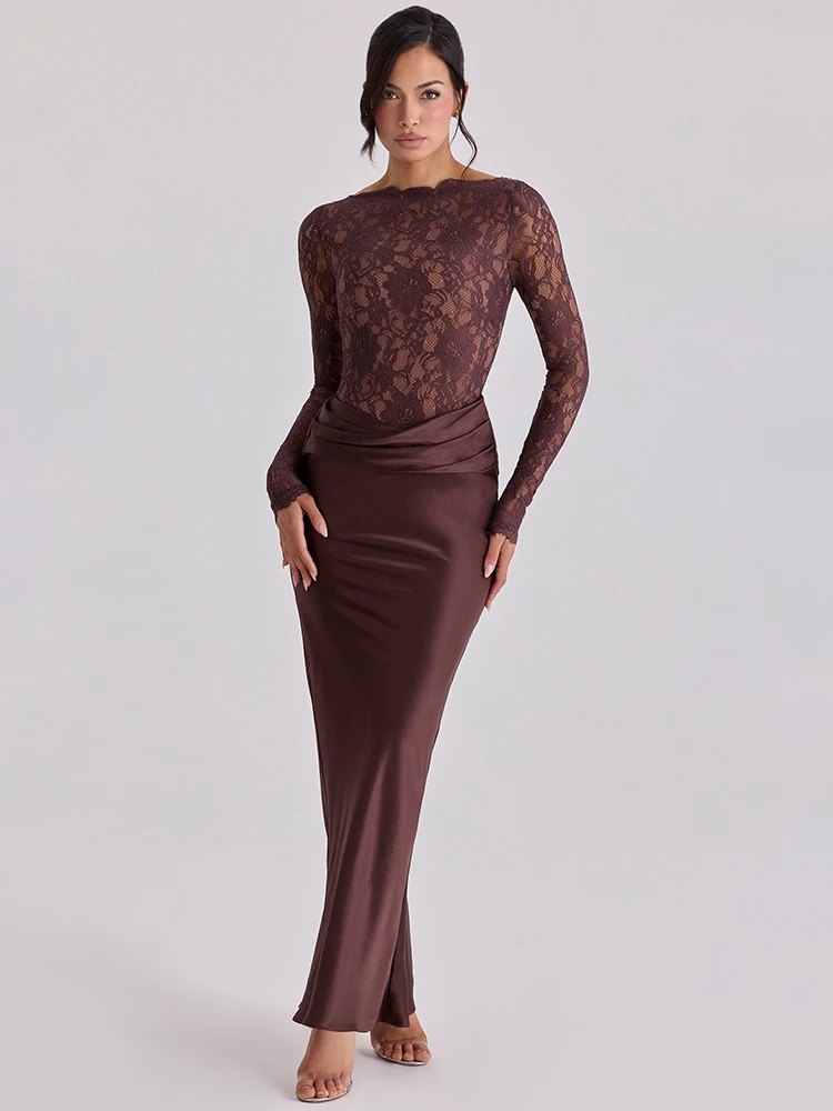 Mozision Schulterfreies Spitzen-Satin-Maxikleid für Damen, Elegantes Langarm-Bodycon-Kleid mit Raffungen, Meerjungfrau-Stil für Abend, Club, Party und Formelle Anlässe