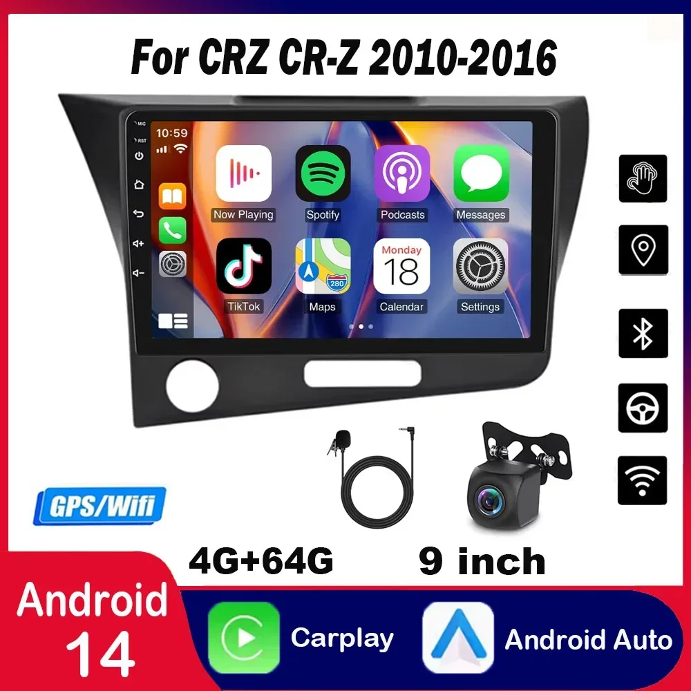 Per Honda CRZ CR-Z 2010-2016 (guida a sinistra) Navigazione per auto Android 14 da 9 pollici - integrata con CarPlay+Android Auto/4+64G