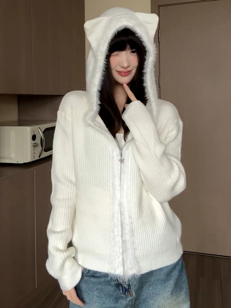 

Женский свитер с кошачьими ушками, осенне-зимний новый красивый милый однотонный вязаный кардиган на молнии с капюшоном