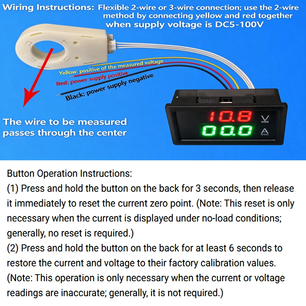 DC Voltage and Current Meter with Dual LED Display Isolated Panel Meter DC 5–100 V Bidirectional Current and Voltage Meter