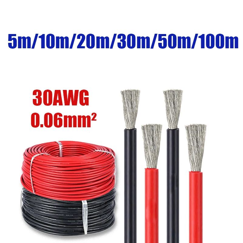 30AWG 0.6A Heat Resistant Silicone Cable 10m 20m 30m 50m 100m Red Black for Speaker Robot Model LED Lighting 3D Printer Battery