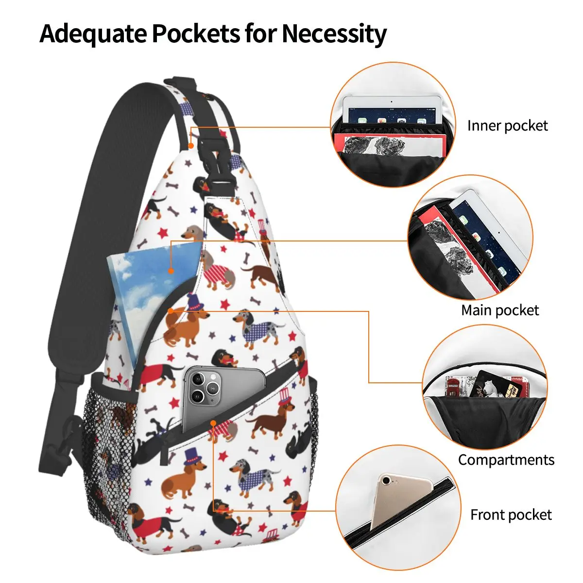 Patriótica Dachshund Sling Bag Peito Crossbody Ombro Mochila Outdoor Sports Daypacks Dog Cool Bag