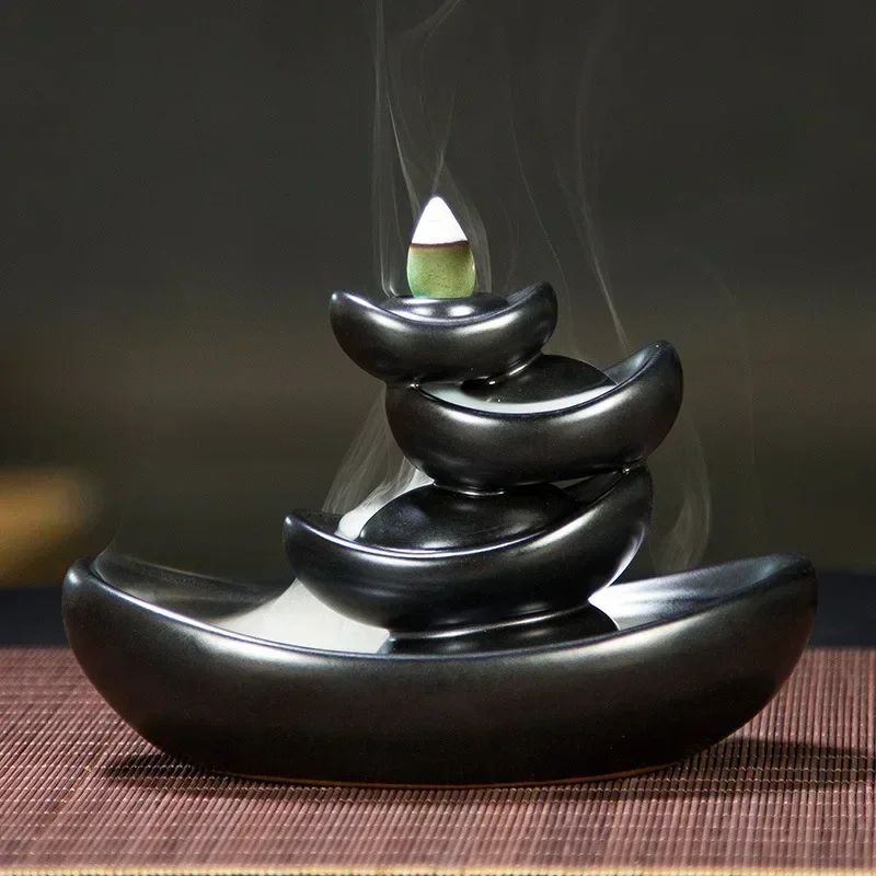 1pc Lucky Fortune Mascot Classic Black Ceramic Backflow Incense Burner Yoga Assuaging and Calming Home Decor Zen Meditation Set