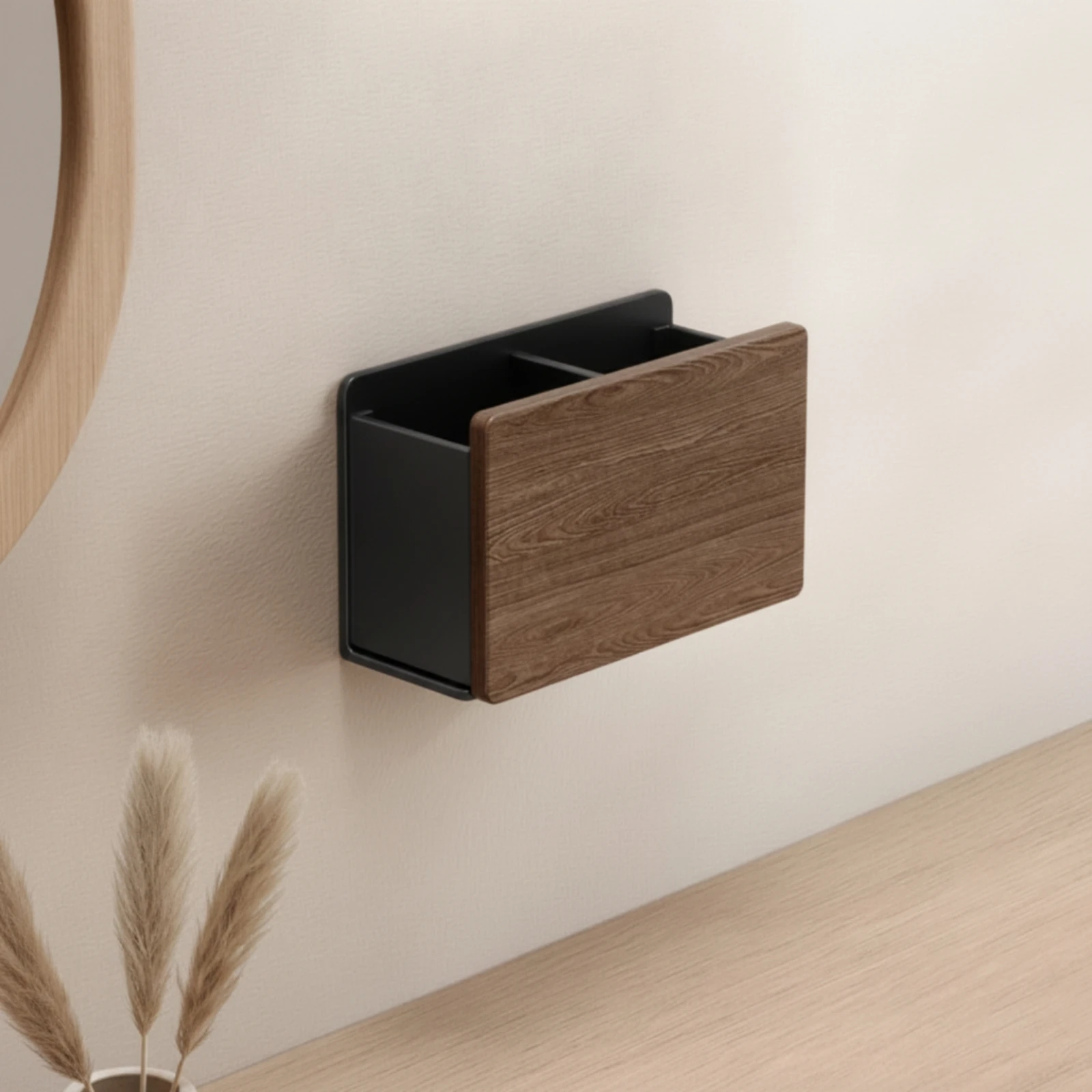 Drill-No-Drill Wall Organizer with Wood-Grain Front Compact Two-Compartment Wall Organizer Sturdy No Assembly Required