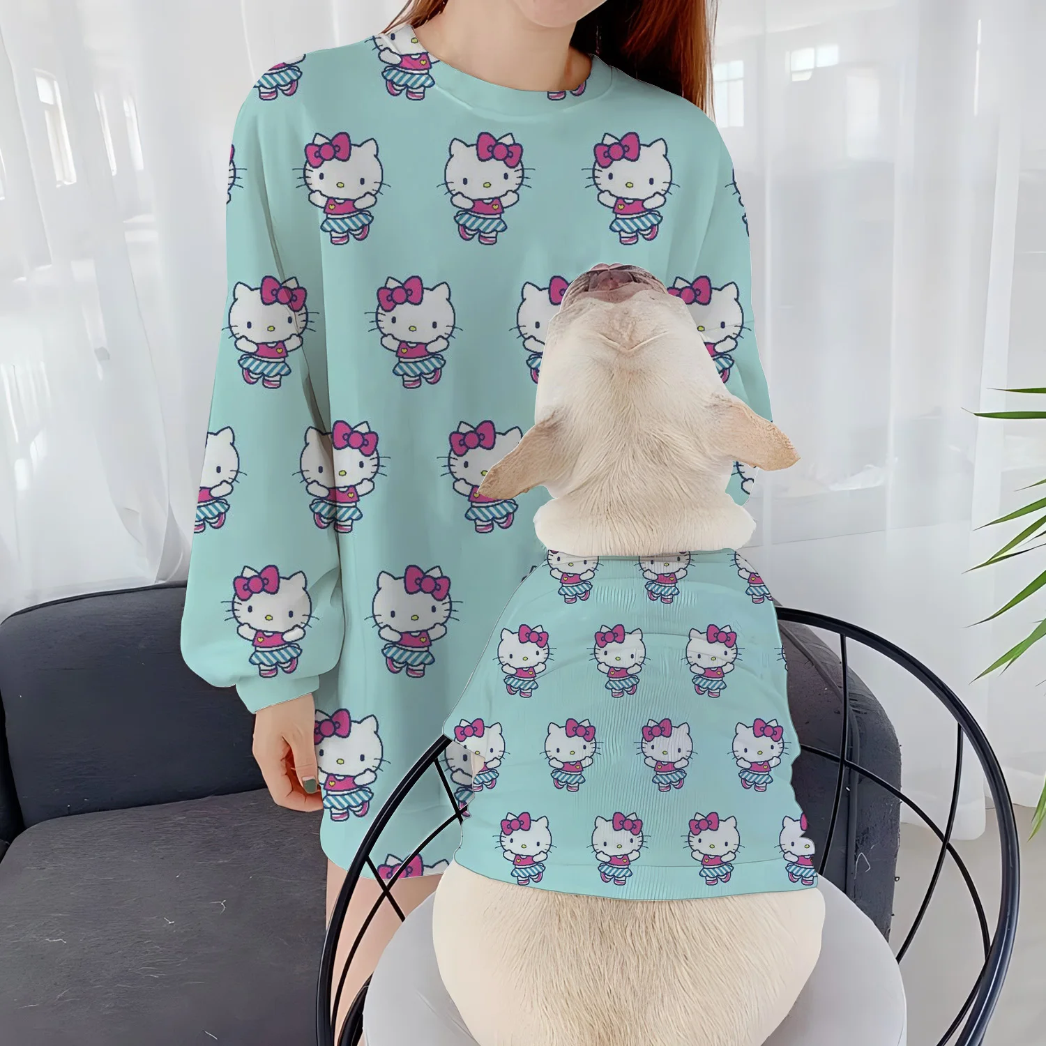 Pet Dog Round Neck Sweatshirts Casual Clothing Women's Parent-Child Clothes Pullover Hello Kitty Autumn Winter Puppy Long Sleeve