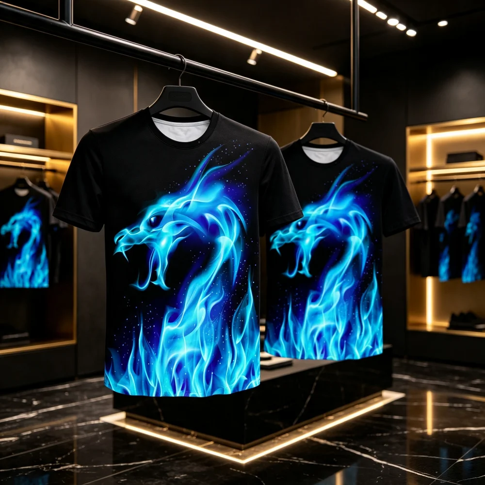 Men 3D Blue Flame Dragon Print Crew Neck Black Casual Loose Summer  Cool Graphic Breathable Hot Sale Quick-dry Family Kids Tees