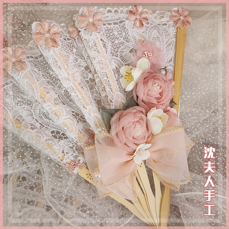 lolita hand made Fan elegant Flower lace Delicate Cosplay Halloween Party Supplies Vintage Black White Red Rose Bamboo Fans