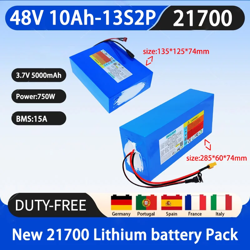 

New 48V 10Ah 21700 13S2P lithium-ion battery pack with 750W outdoor backup battery, equipped with 15A BMS+54.6V 2A charger