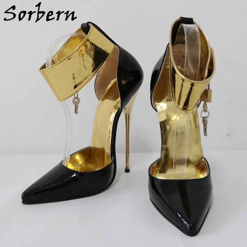 Sorbern Vintage 16Cm Black Pump Sissy Boy Crossdresser Stilettos High Heel Ankle Strap With Lock Special Arch Shoes Custom Color