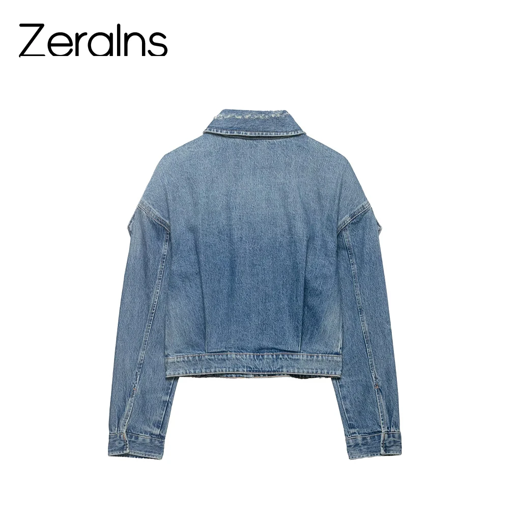 ZERAINS Summer new women's clothing simple casual lapel long sleeved tripband decoration short denim jacket jacket