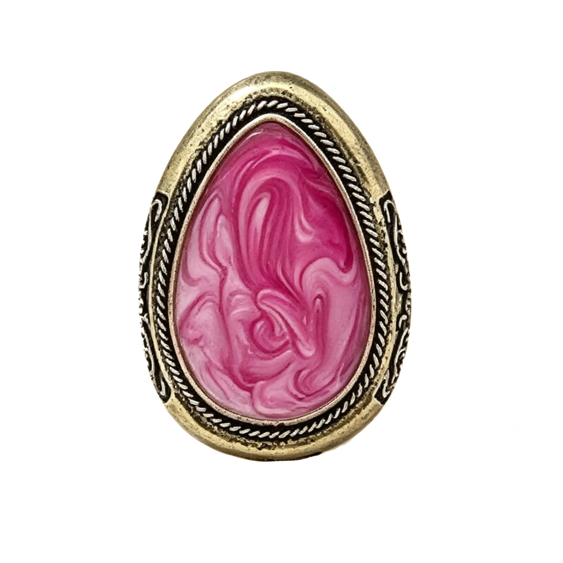 Retro Antique Bronze Teardrop Pink Swirl Enamel Statement Ring Twisted Rope Frame Large Oval Marble Pattern Finger Ring Jewelry