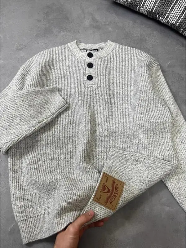 

Retro Japanese Sle Loose Fit Button up round Ne Sweater ex Autumn Winter Lazy Sle Henry Collar Top for Youth