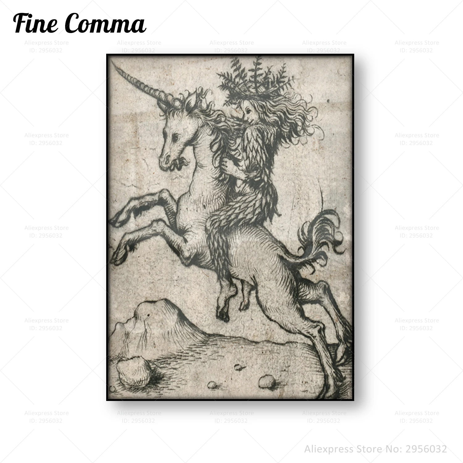 Wild Woman Riding a Unicorn Vintage Poster Medieval Wall Art Antique Canvas Print Home Decor Mistery Painting Housewarming Gift