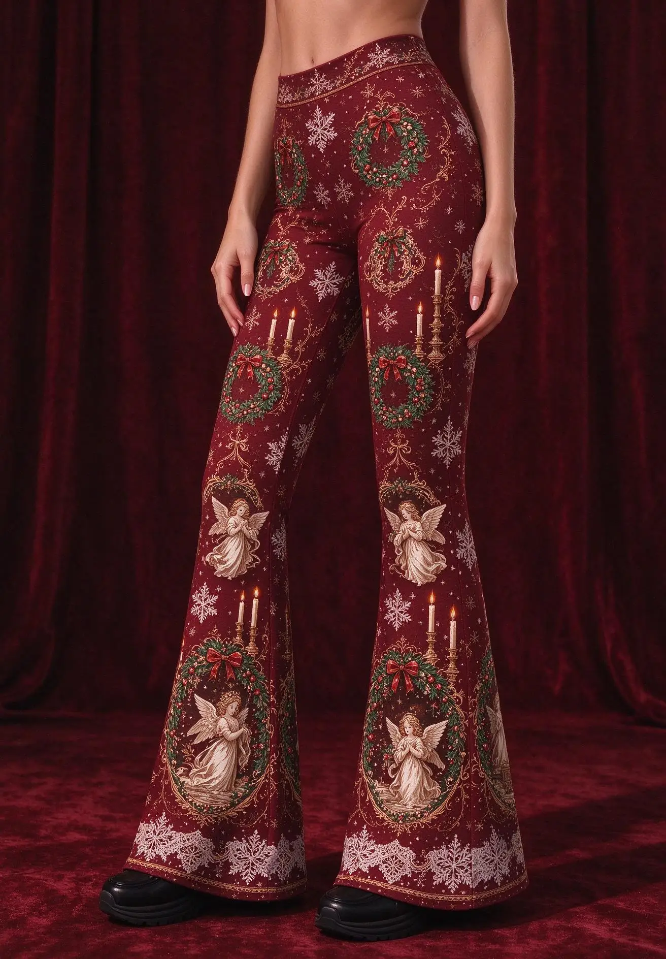 Women Mid Rise Skinny Flare Pants Christmas Angel Wreath Candle Snowflake Print Burgundy Stretch Bell Bottom Trousers