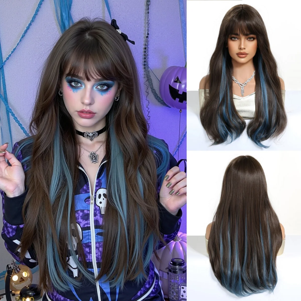 

ALAN EATON Темно-коричневые синие блики Синтетические длинные парики для женщин Парики из волос с челкой Термостойкие Helloween Ежедневное использование