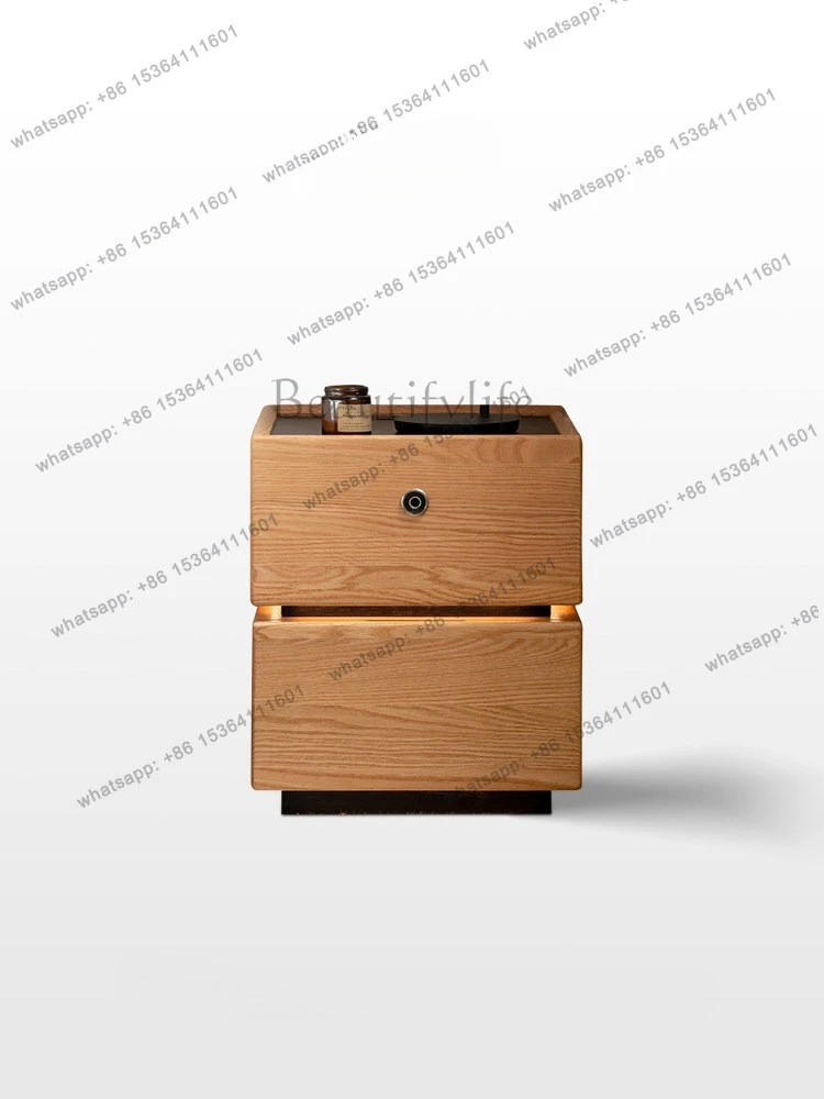 Suspended solid wood bedside table, bedroom smart with lock storage, antique log wind with socket, small cabinet
