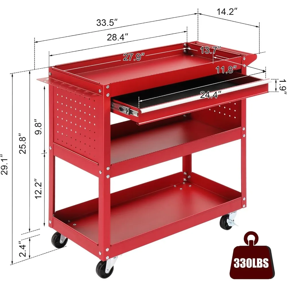 عربة أدوات دوارة من 3 طبقات مع أدراج، عربة أدوات شديدة التحمل على عجلات، صندوق أدوات دوارة للمرآب والمستودعات والمصنع