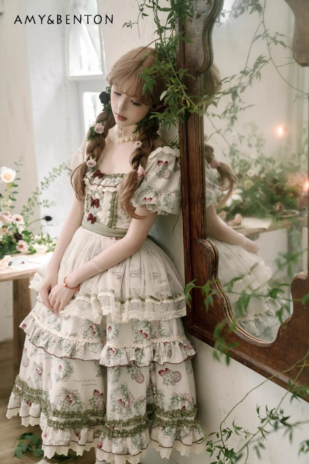 Robe de tempérament élégante Lolita pastorale, rétro, imprimé de dessin animé, manches à bulles, haut court, taille élastique, jupe gracieuse, robes OP