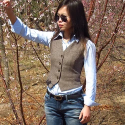 Women's Suit Vest Herringbone Wool V-Neck Sleeveless Jacket Casual Waistcoat Brown Jacket