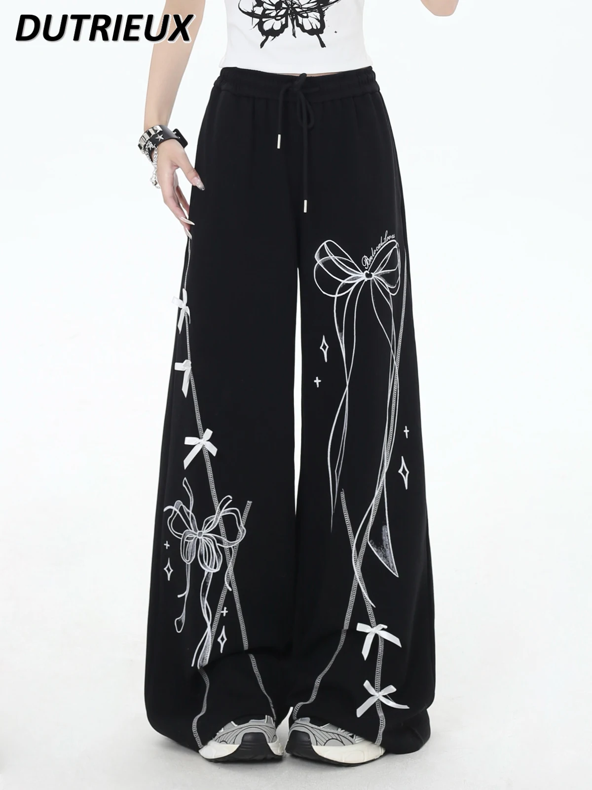 

Fashion Sweet and Cool Hiphop Lady Trousers Bow Printed Vertical Straight Casual Sweatpants Spring Autumn Women's Casual Pants