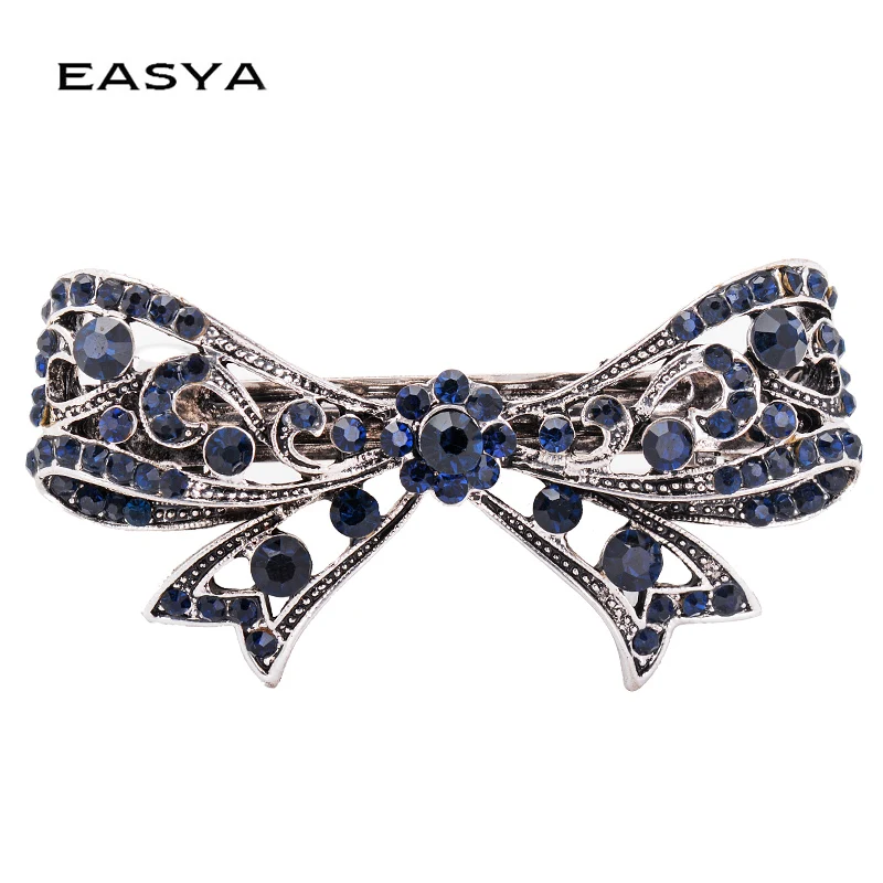 EASYA Vintage Antique  Blue Crystal Bowknot Hairpins Jewelry Women\'s Fashion Metal Rhinestone Ribbon Hair Clips Barrettes