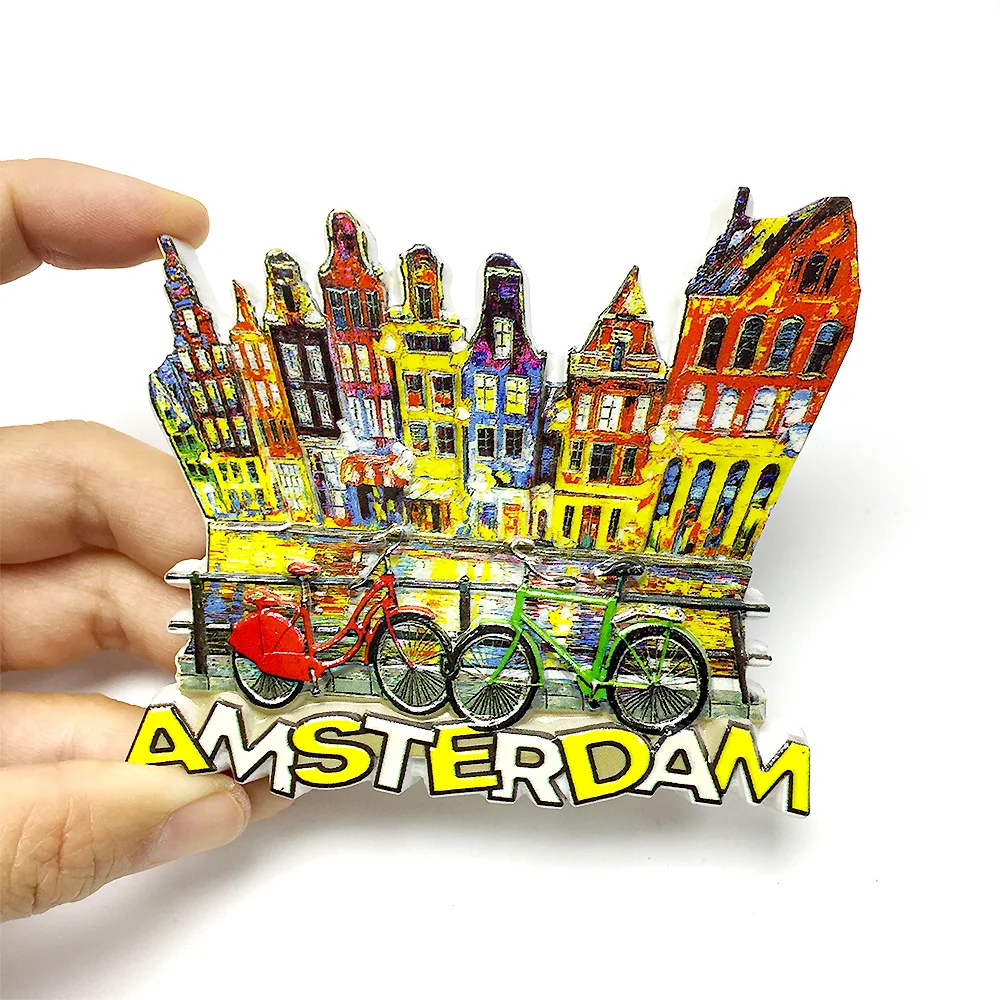 

3D Amsterdam Architecture & Bicycle Resin Fridge Magnet, Vibrant Color Design