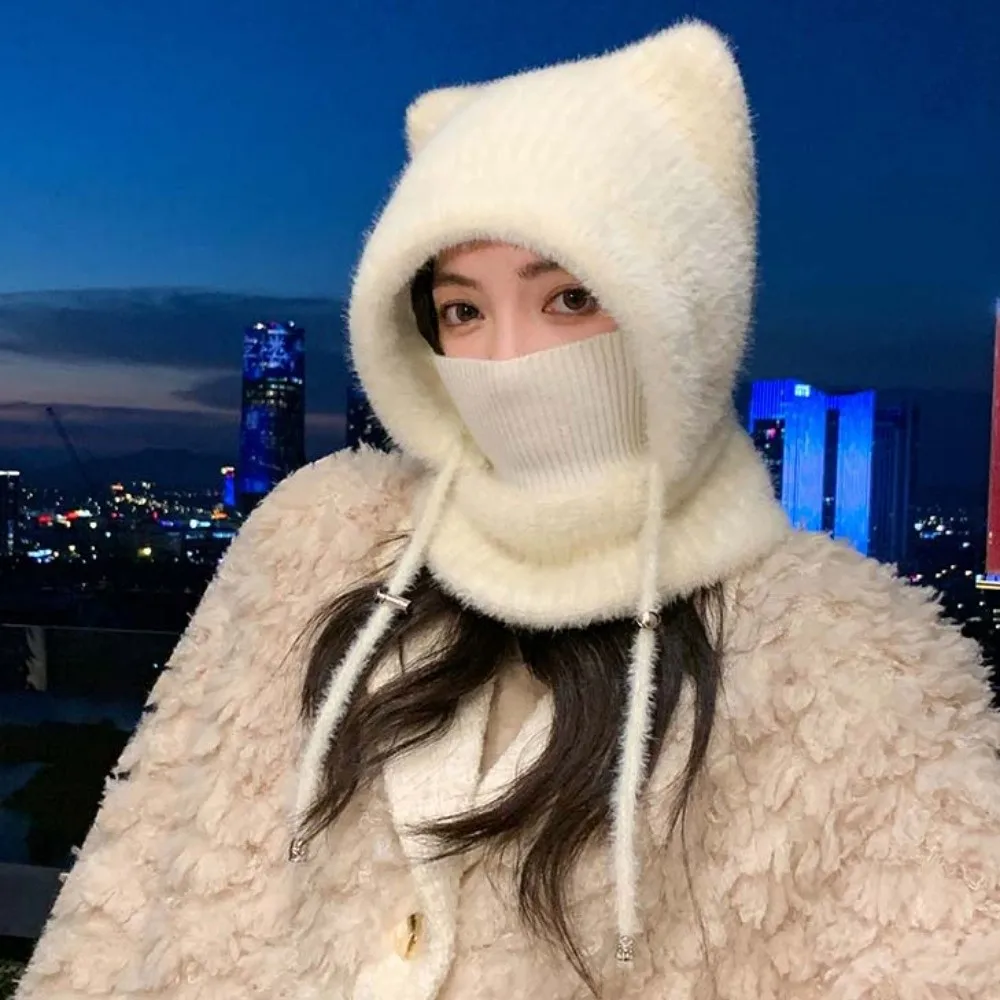 Mütze im japanischen Stil, winddicht, mit Katzenohren, verdickter, elastischer Kapuzenschal, gehäkelte integrierte Maske, Halswärmer, zum Skifahren – Detail 3