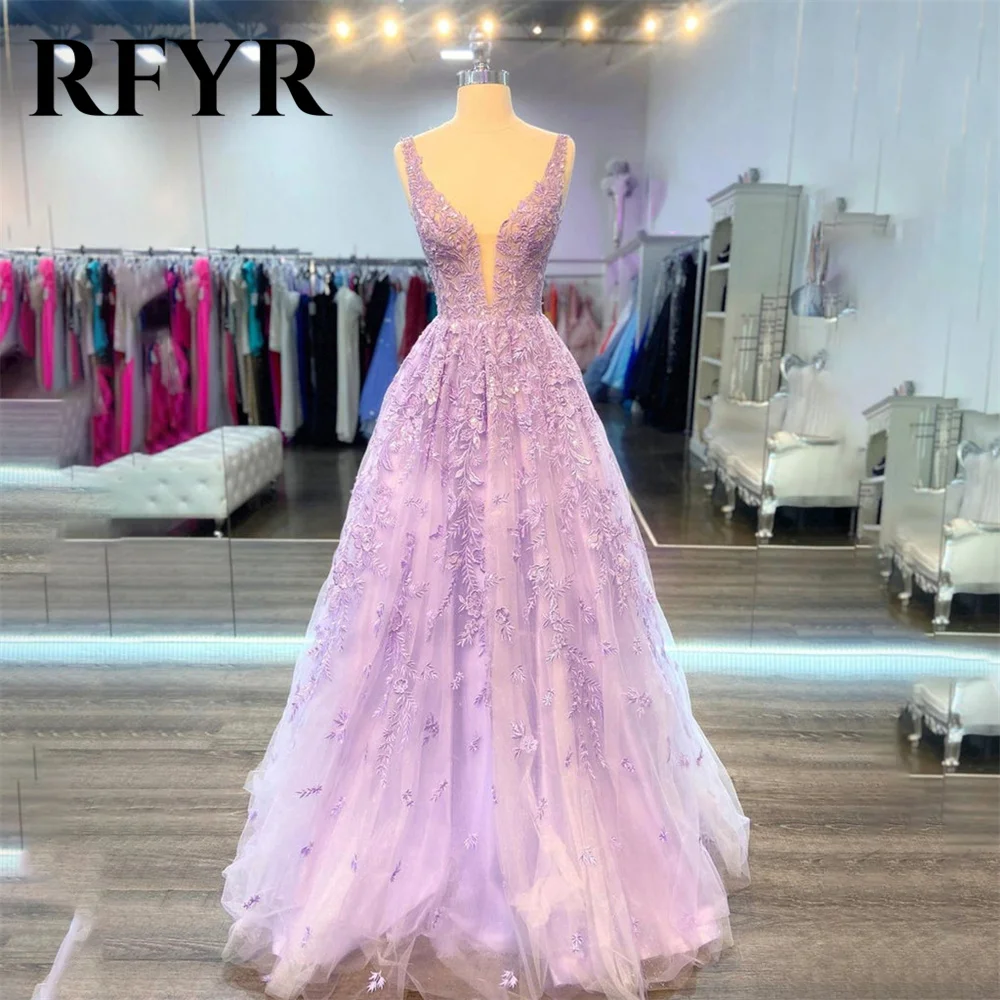 RFYR Purple Prom Dress, Renda Elegante, Linha A, Decote V, Fada Tulle Applique, Vestido de Festa Longo, Tanque Sem Mangas, Vestido de Festa