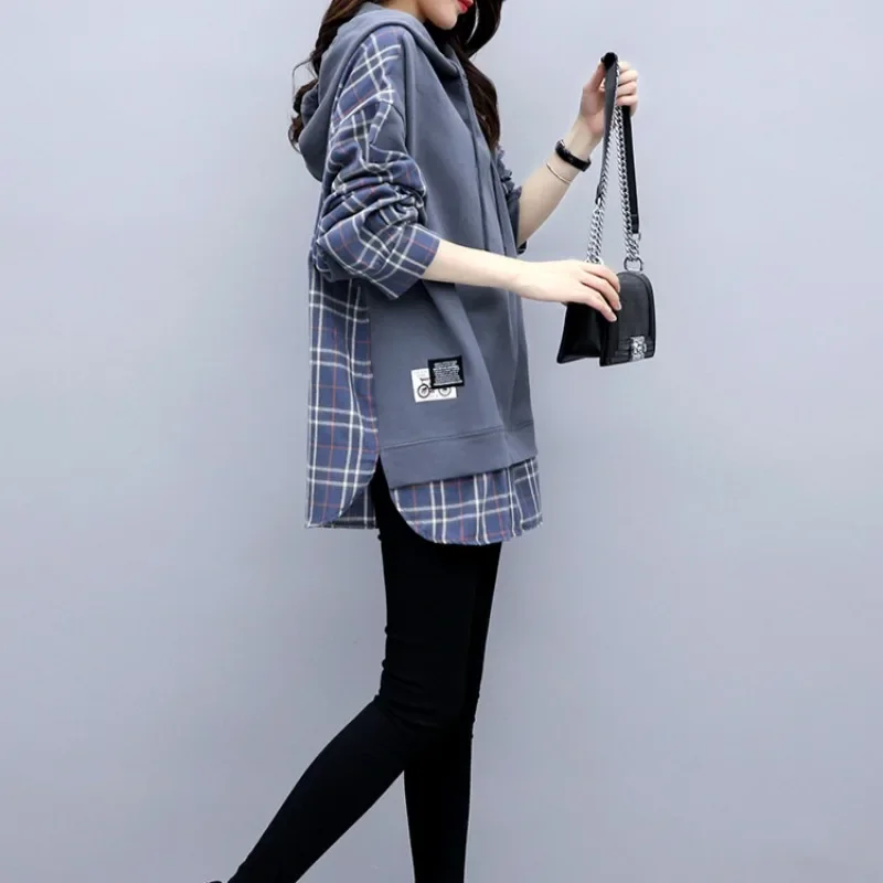 Women Mock Two Piece Plaid Hoodies Spring Autumn Loose Casual Hooded Jackets Patchwork Sweatshirts New All-Match Thin Outwears